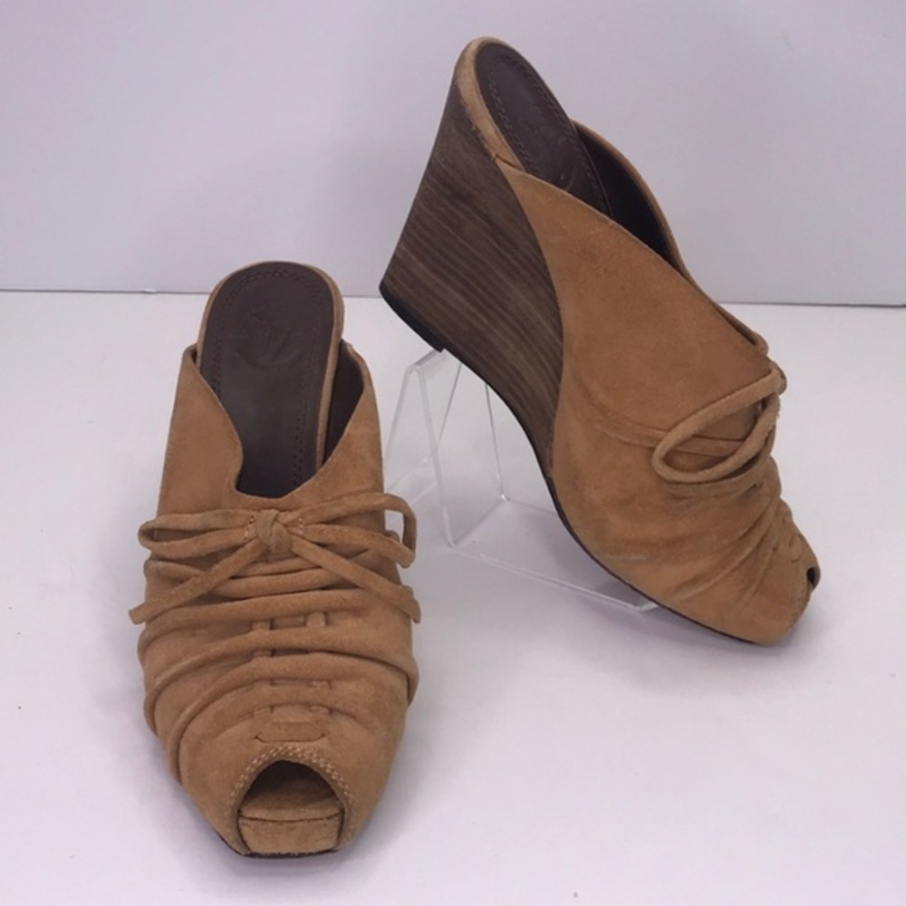 FRYE Gwen Mule Wedge Ruched Slip On Tan Suede Sandal with Tie Sz 7.5 M